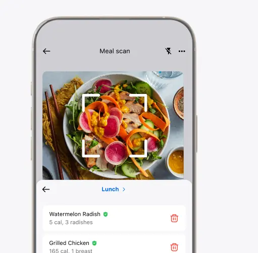 The MyFitnessPal Meal Scan screen recognizing items in a bowl of food and logging them.