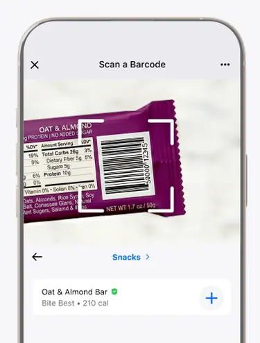 The MyFitnessPal Barcode Scan screen reading a packaged food barcode.